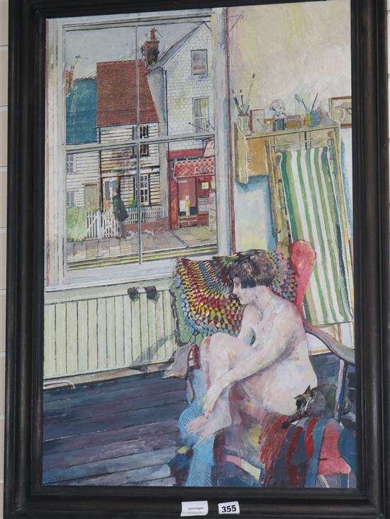 John Blight, oil or acrylics on board, seated woman dressing by a window, signed and dated 92 74 x 49cm